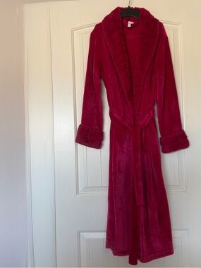 Luxury Hot Pink Plush Faux Fur Trim Dressing Gown Robe Soft Glam Bathrobe